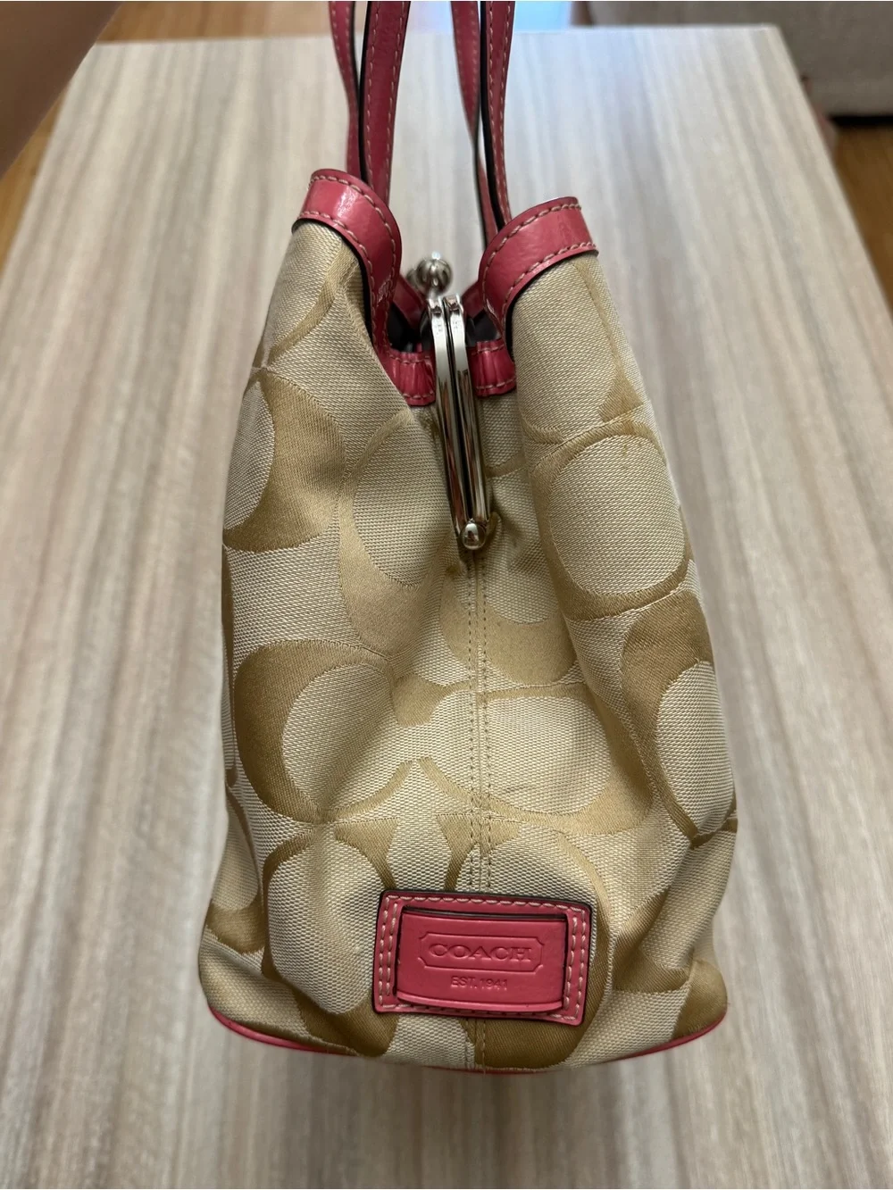 Y2K Coach Carryall Satchel Bag in Signature Canvas Khaki and Pink F19190